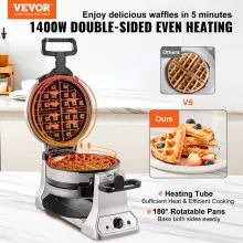 VEVOR 2-Layer Waffle Maker, 2 Pieces per Batch, 1400W Round Waffle Iron, Non-Stick Waffle Baker Machine with 122-572℉ / 50-300℃ Temp Range Teflon-Coated Baking Pans Stainless Steel Body, 120V