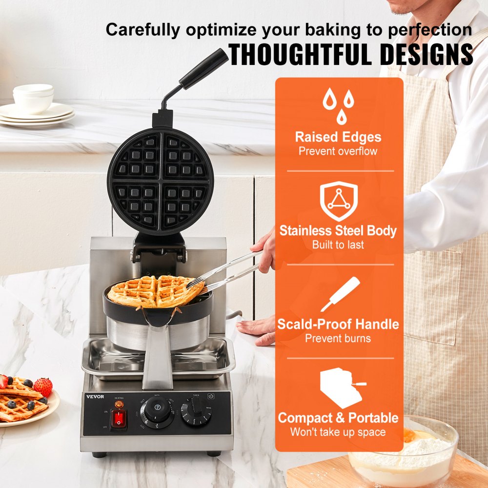 VEVOR Commercial Waffle Maker, 1 Piece per Batch, 1300W Round Waffle Iron, Non-Stick Waffle Baker Machine with 122-572℉ / 50-300℃ Temp Range Teflon-Coated Baking Pans Stainless Steel Body, 120V