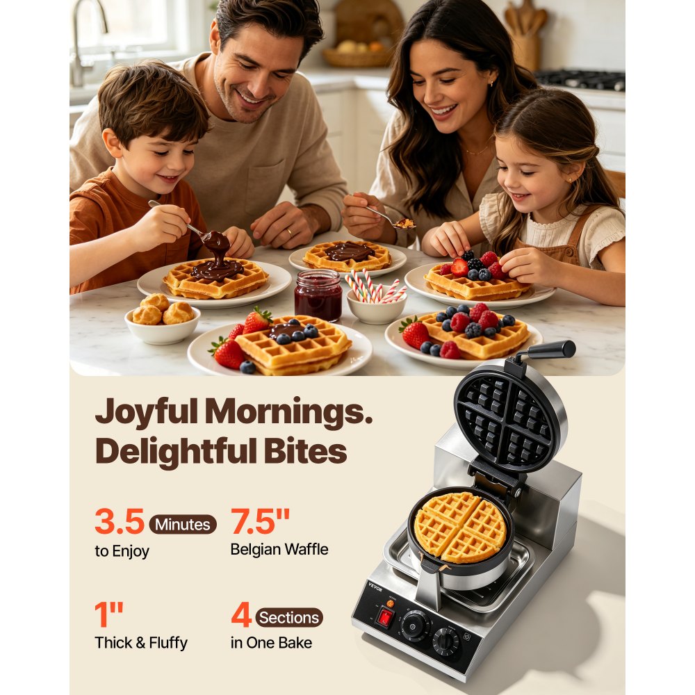 VEVOR Commercial Waffle Maker, 1 Piece per Batch, 1300W Round Waffle Iron, Non-Stick Waffle Baker Machine with 122-572℉ / 50-300℃ Temp Range Teflon-Coated Baking Pans Stainless Steel Body, 120V