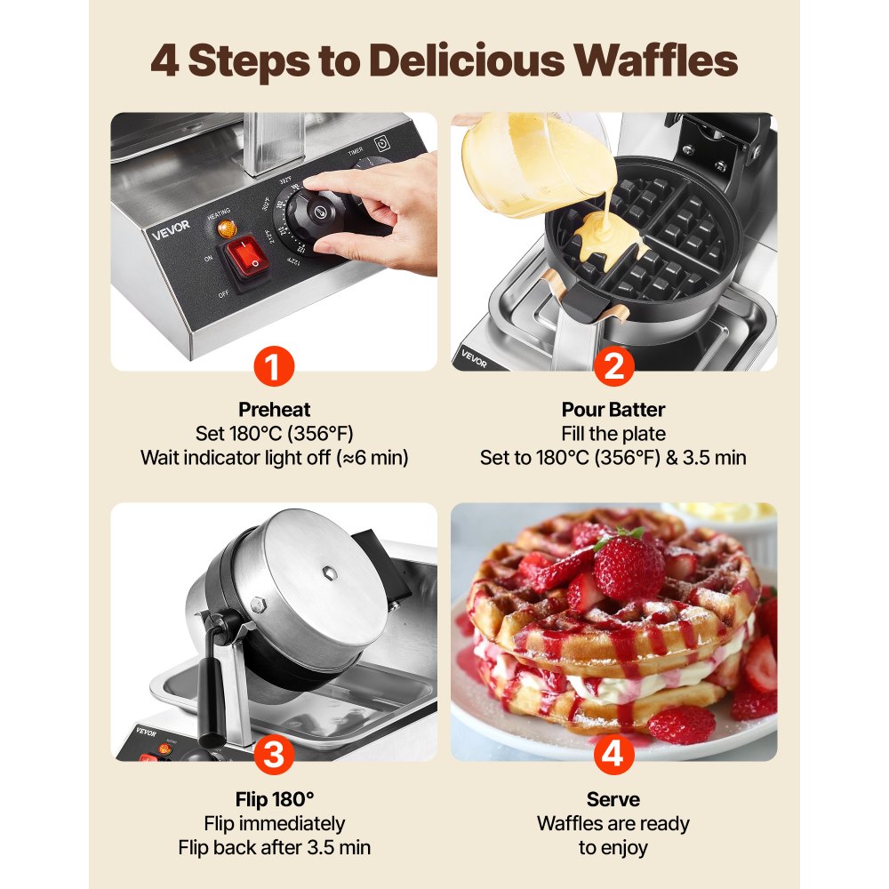 VEVOR Commercial Waffle Maker, 1 Piece per Batch, 1300W Round Waffle Iron, Non-Stick Waffle Baker Machine with 122-572℉ / 50-300℃ Temp Range Teflon-Coated Baking Pans Stainless Steel Body, 120V