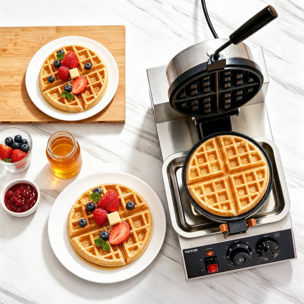 VEVOR Commercial Waffle Maker, 1 Piece per Batch, 1300W Round Waffle Iron, Non-Stick Waffle Baker Machine with 122-572℉ / 50-300℃ Temp Range Teflon-Coated Baking Pans Stainless Steel Body, 120V