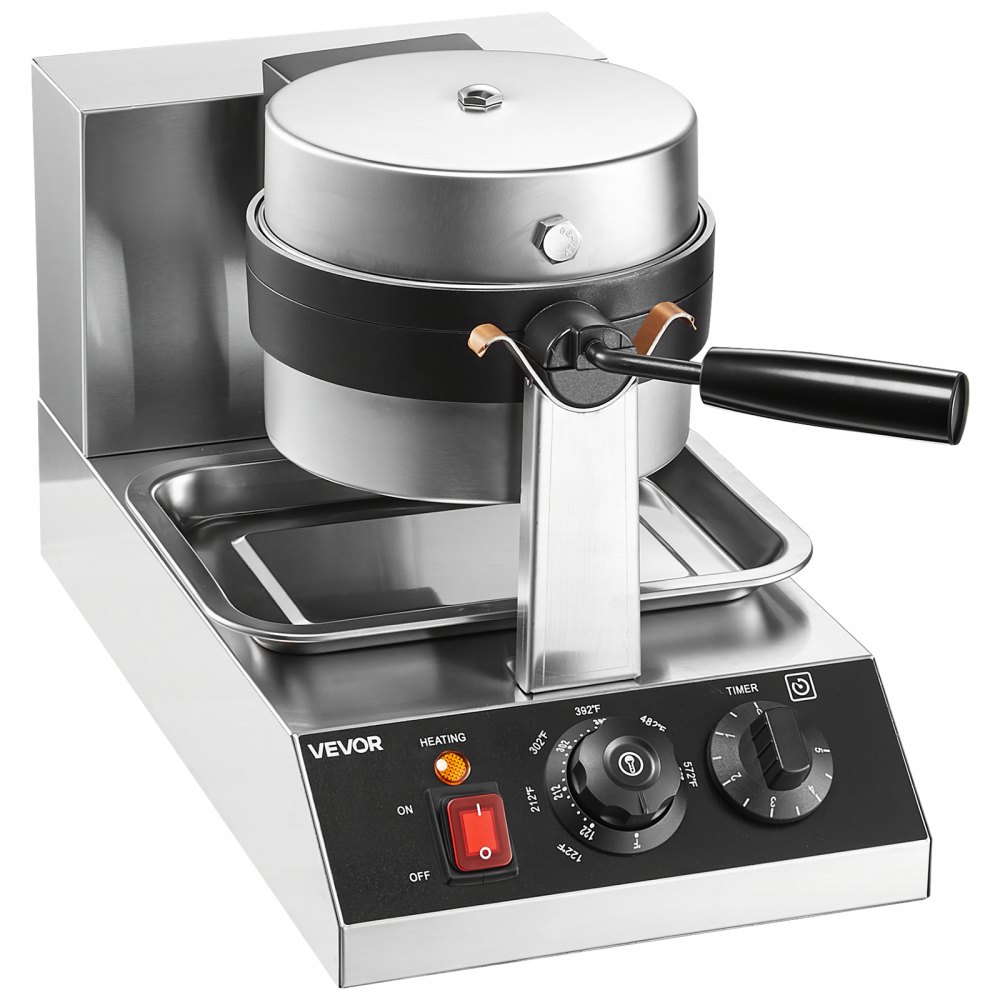 VEVOR Commercial Waffle Maker, 1 Piece per Batch, 1300W Round Waffle Iron, Non-Stick Waffle Baker Machine with 122-572℉ / 50-300℃ Temp Range Teflon-Coated Baking Pans Stainless Steel Body, 120V