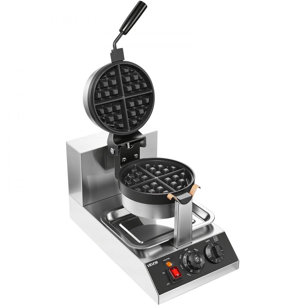VEVOR Commercial Waffle Maker, 1 Piece per Batch, 1300W Round Waffle Iron, Non-Stick Waffle Baker Machine with 122-572℉ / 50-300℃ Temp Range Teflon-Coated Baking Pans Stainless Steel Body, 120V