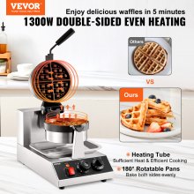 VEVOR Commercial Waffle Maker, 1 Piece per Batch, 1300W Round Waffle Iron, Non-Stick Waffle Baker Machine with 122-572℉ / 50-300℃ Temp Range Teflon-Coated Baking Pans Stainless Steel Body, 120V