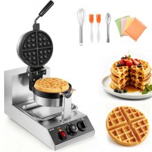 VEVOR Commercial Waffle Maker, 1 Piece per Batch, 1300W Round Waffle Iron, Non-Stick Waffle Baker Machine with 122-572℉ / 50-300℃ Temp Range Teflon-Coated Baking Pans Stainless Steel Body, 120V