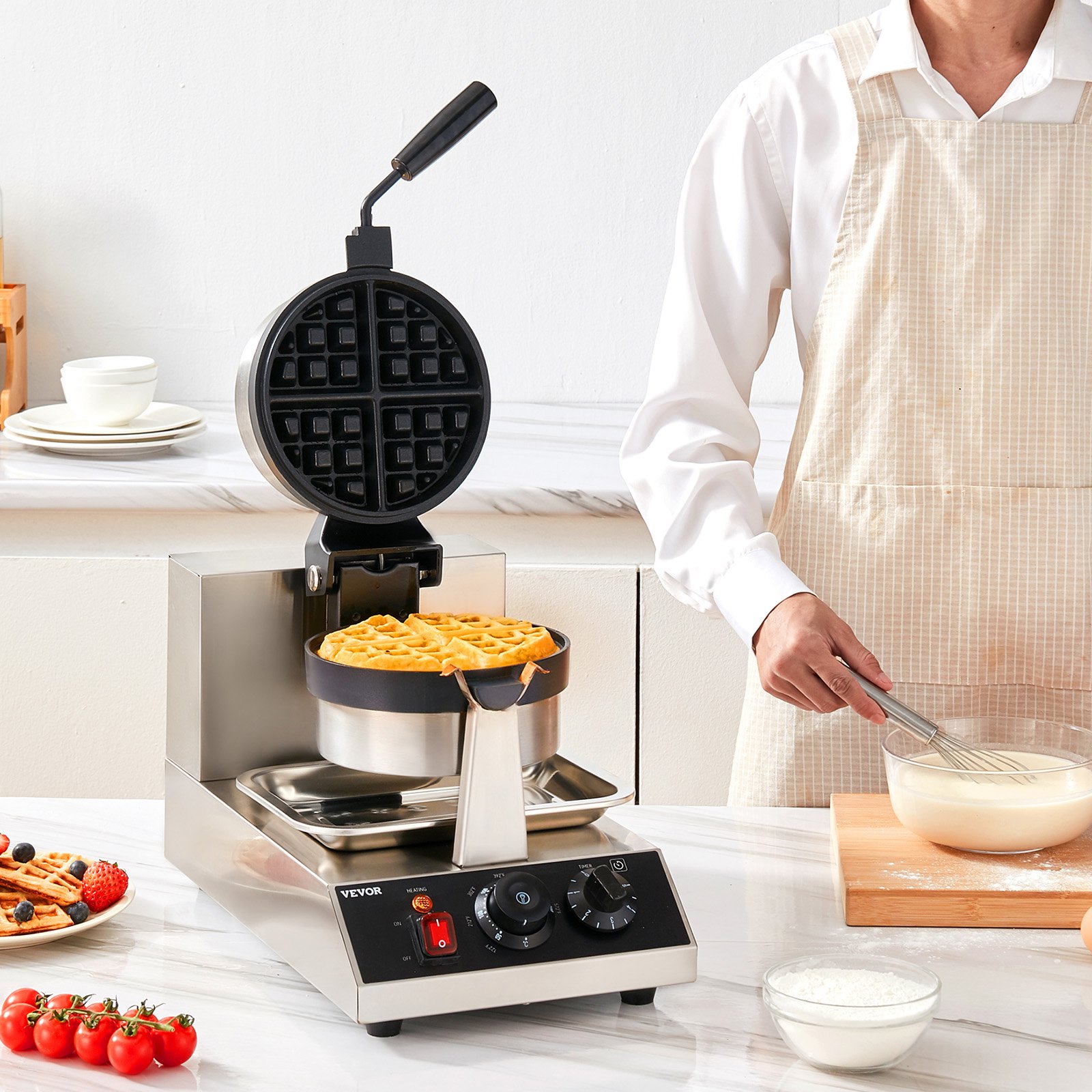 VEVOR Commercial Waffle Maker, 1 Piece per Batch, 1300W Round Waffle Iron, Non-Stick Waffle Baker Machine with 122-572℉ / 50-300℃ Temp Range Teflon-Coated Baking Pans Stainless Steel Body, 120V