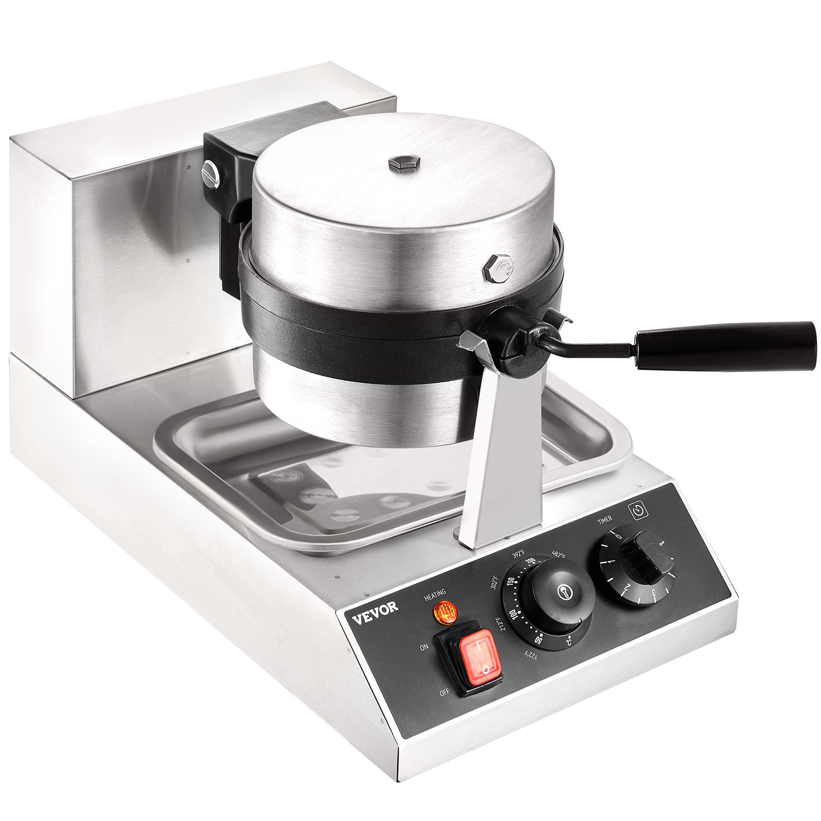 VEVOR Commercial Waffle Maker, 1 Piece per Batch, 1300W Round Waffle Iron, Non-Stick Waffle Baker Machine with 122-572℉ / 50-300℃ Temp Range Teflon-Coated Baking Pans Stainless Steel Body, 120V