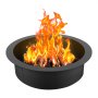 black round VEVOR fire pit ring with vibrant flames and burning logs.