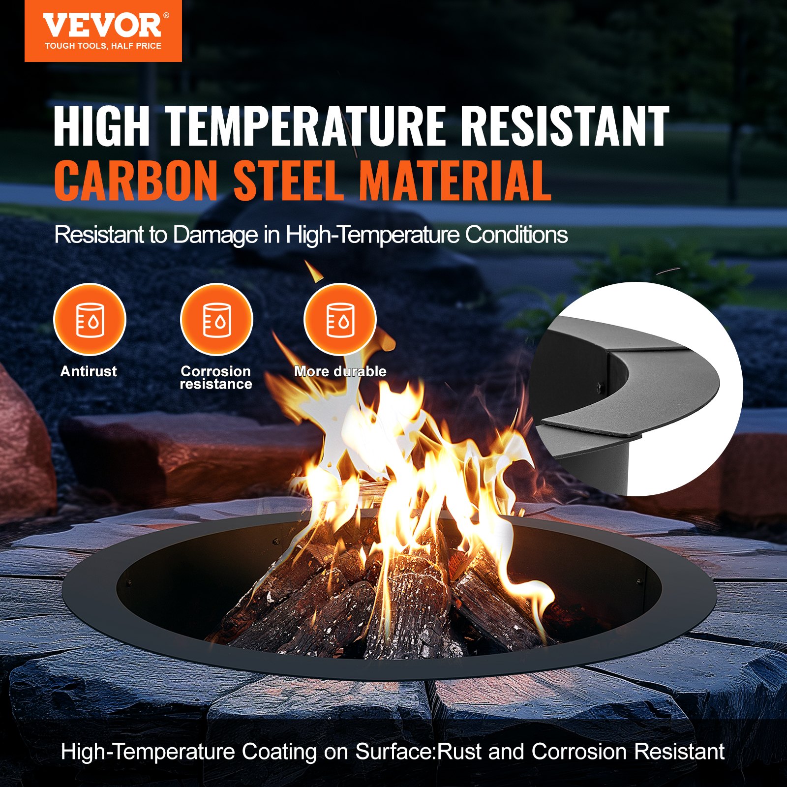 VEVOR Fire Pit Ring, 36-Inch Outer/30-Inch Inner Diameter, 10inch Height 2.5mm Thick Fire Pit Insert, Heavy Duty Carbon Steel Liner DIY Campfire Ring above or In-Ground, for Outdoor Camping, Bonfires