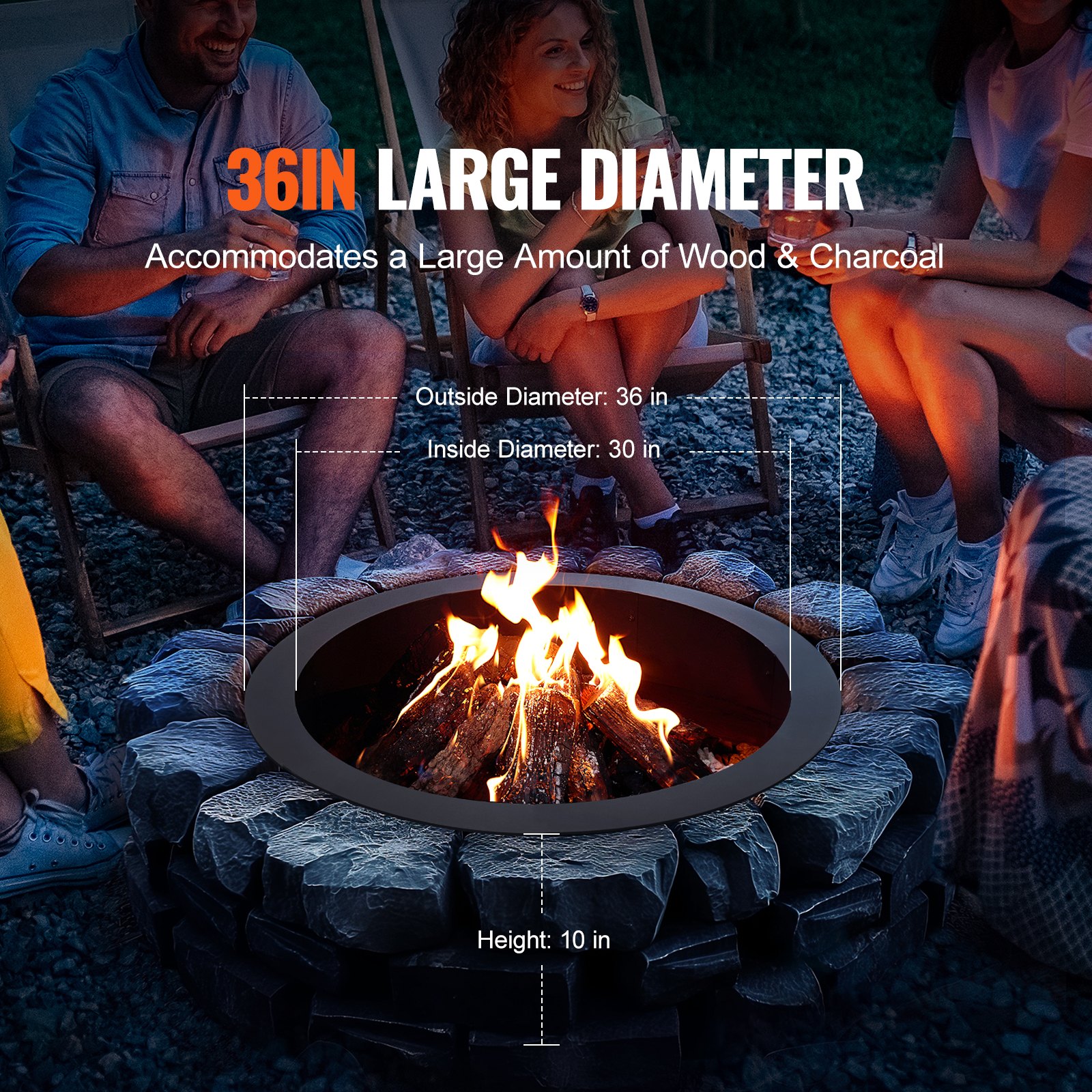 VEVOR Fire Pit Ring, 36-Inch Outer/30-Inch Inner Diameter, 10inch Height 2.5mm Thick Fire Pit Insert, Heavy Duty Carbon Steel Liner DIY Campfire Ring above or In-Ground, for Outdoor Camping, Bonfires