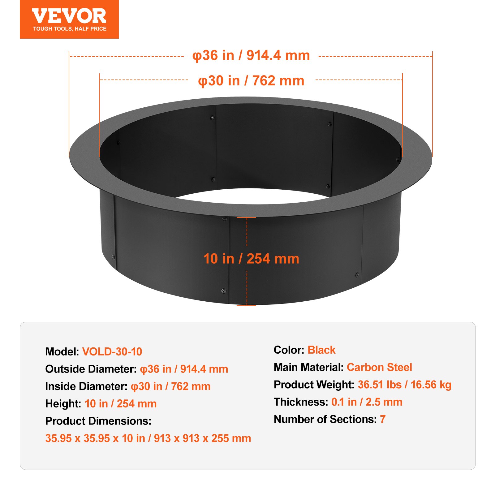 VEVOR Fire Pit Ring, 36-Inch Outer/30-Inch Inner Diameter, 10inch Height 2.5mm Thick Fire Pit Insert, Heavy Duty Carbon Steel Liner DIY Campfire Ring above or In-Ground, for Outdoor Camping, Bonfires