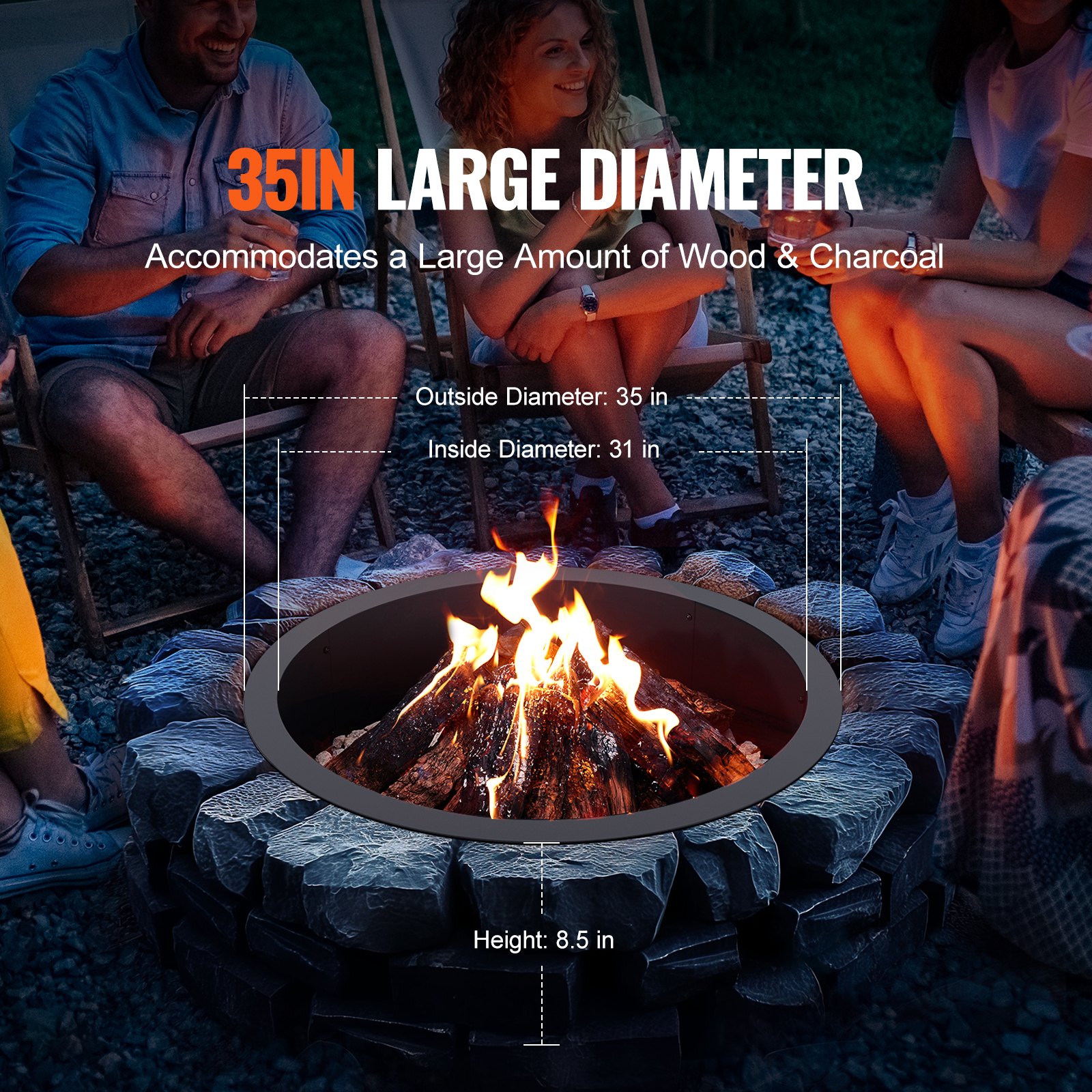 VEVOR Fire Pit Ring, 35-Inch Outer/31-Inch Inner Diameter, 10inch Height Fire Pit Insert, Heavy Duty Carbon Steel Liner DIY Campfire Ring above or In-Ground, for Outdoor Camping, Bonfires