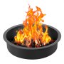 VEVOR fire pit ring with blazing flames and burning logs in a round black steel container.