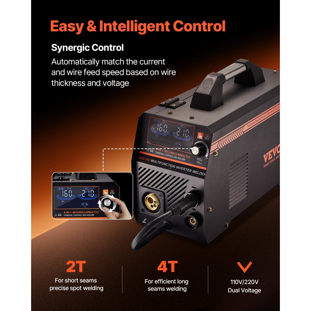 VEVOR MIG Welder, 160A Synergic Mig Welding Machine, 4-in-1 Gas MIG/Flux Core MIG/Stick/Lift TIG Multi-Process Welder Machine, 110V/220V Dual Voltage Mig Welder with IGBT Inverter & LCD Screen Display