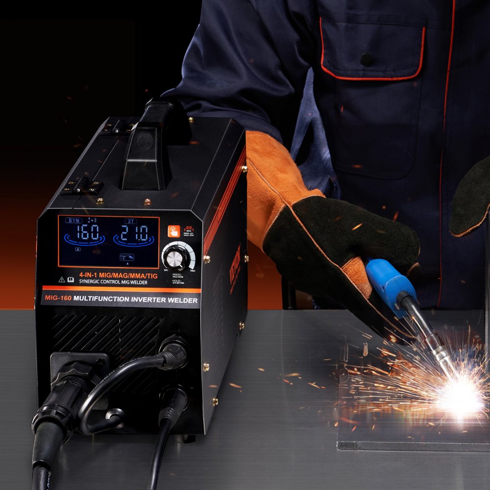 VEVOR MIG Welder, 160A Synergic Mig Welding Machine, 4-in-1 Gas MIG/Flux Core MIG/Stick/Lift TIG Multi-Process Welder Machine, 110V/220V Dual Voltage Mig Welder with IGBT Inverter & LCD Screen Display
