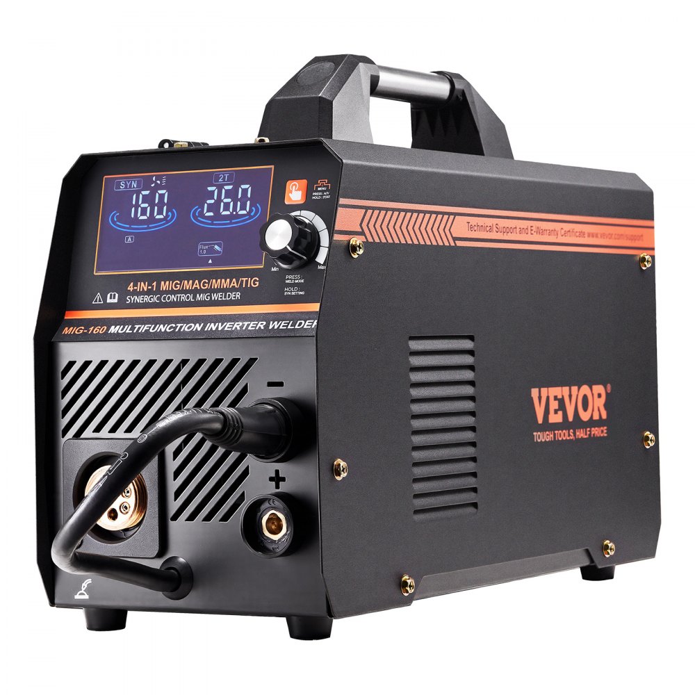 VEVOR MIG Welder, 160A Synergic Mig Welding Machine, 4-in-1 Gas MIG/Flux Core MIG/Stick/Lift TIG Multi-Process Welder Machine, 110V/220V Dual Voltage Mig Welder with IGBT Inverter & LCD Screen Display