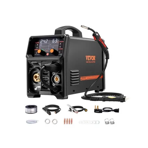 VEVOR Pro MIG Welder, 200A Pluse Mig Welding Machine, 5-in-1 Synergic Welder Machine MIG Pluse/Gas MIG/Flux Core MIG/Stick/Lift TIG, 110V/220V Dual Voltage Aluminum Mig Welder with LCD Screen Display