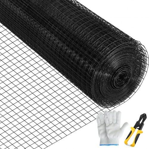 VEVOR Hardware Cloth, 24\" x50\' & 1\"x1\" Mesh Size, Galvanized Steel Vinyl Coated 16 Gauge Welded Wire with A Cutting Plier & A Pair of Fabric Gloves, for Garden Fencing & Pet Enclosures, Black
