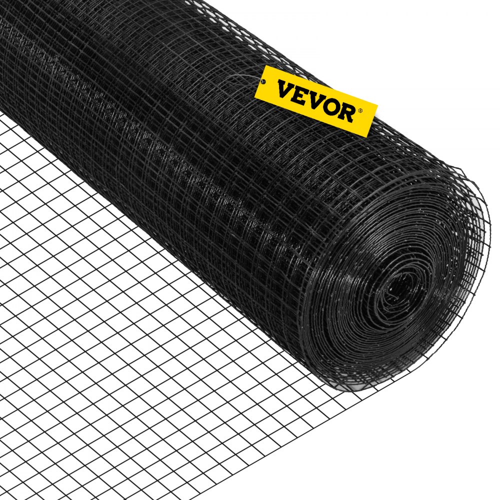 VEVOR welded wire fence roll in black, partially unrolled with a yellow VEVOR tag.