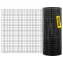 VEVOR welded wire fence roll next to an unfurled grid wire section, featuring a yellow label.