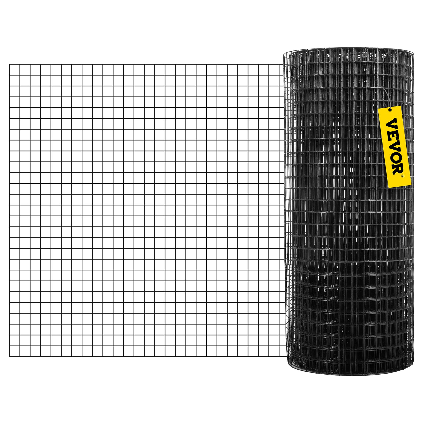 VEVOR welded wire fence roll next to an unfurled grid wire section, featuring a yellow label.