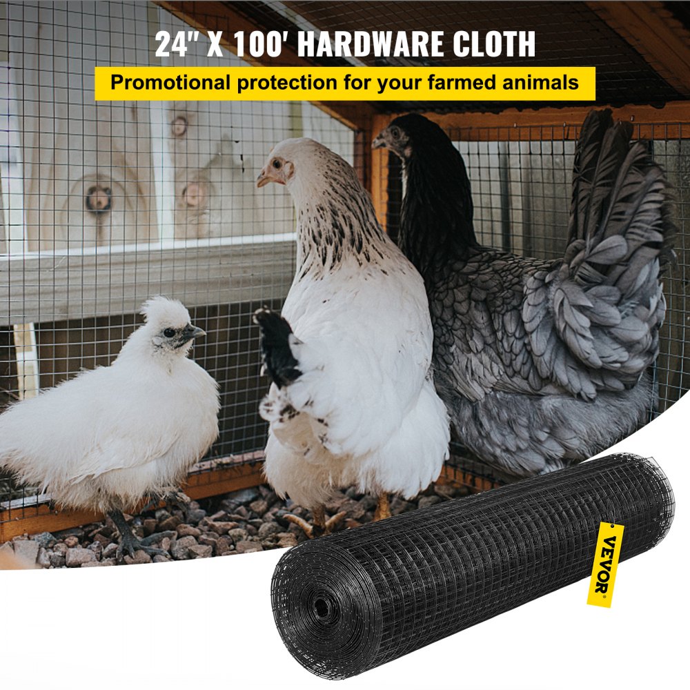 VEVOR hardware cloth protecting chickens in a coop with a 24&quot; x 100&#039; roll nearby.