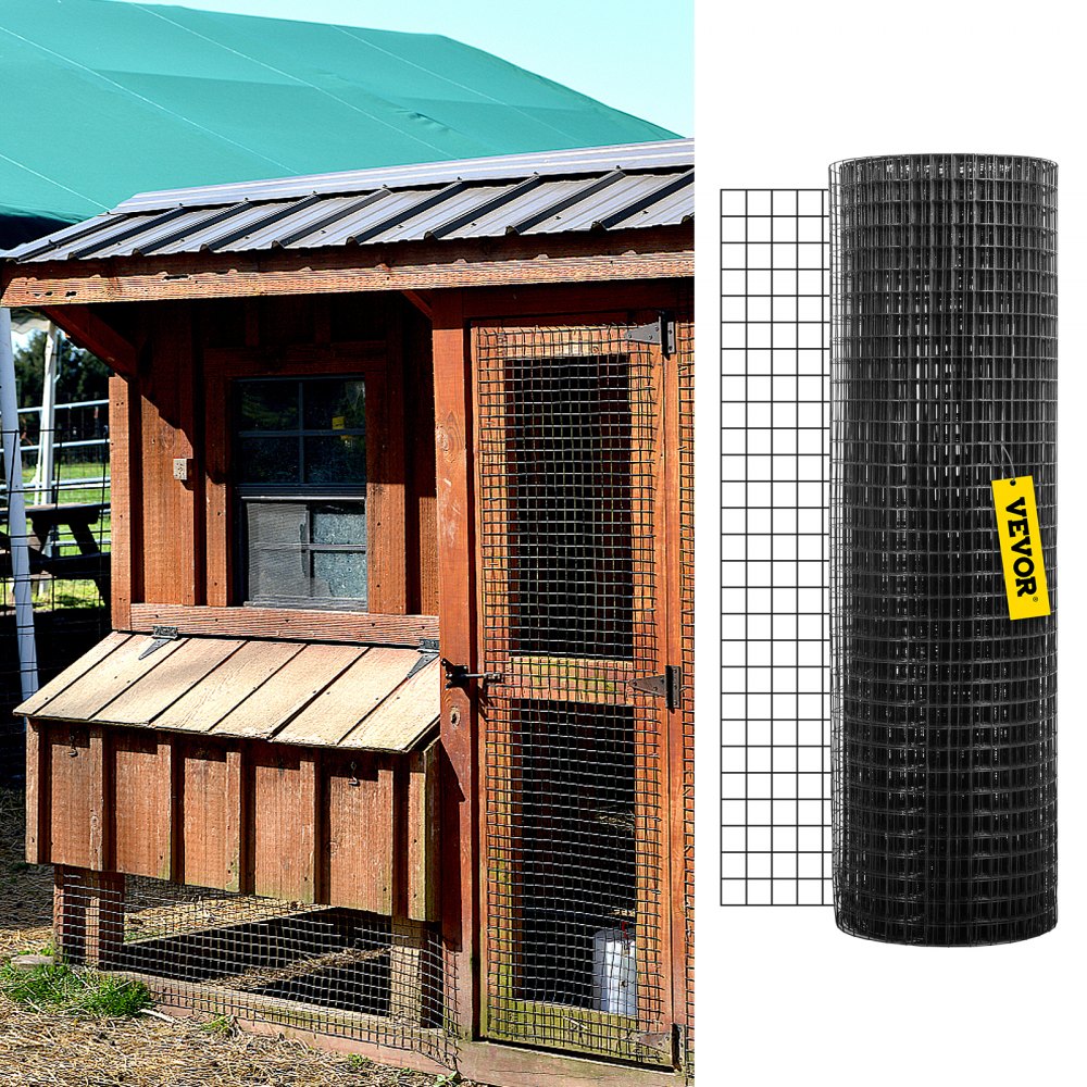 wooden coop with VEVOR hardware cloth roll beside it, showing usage on coop door.