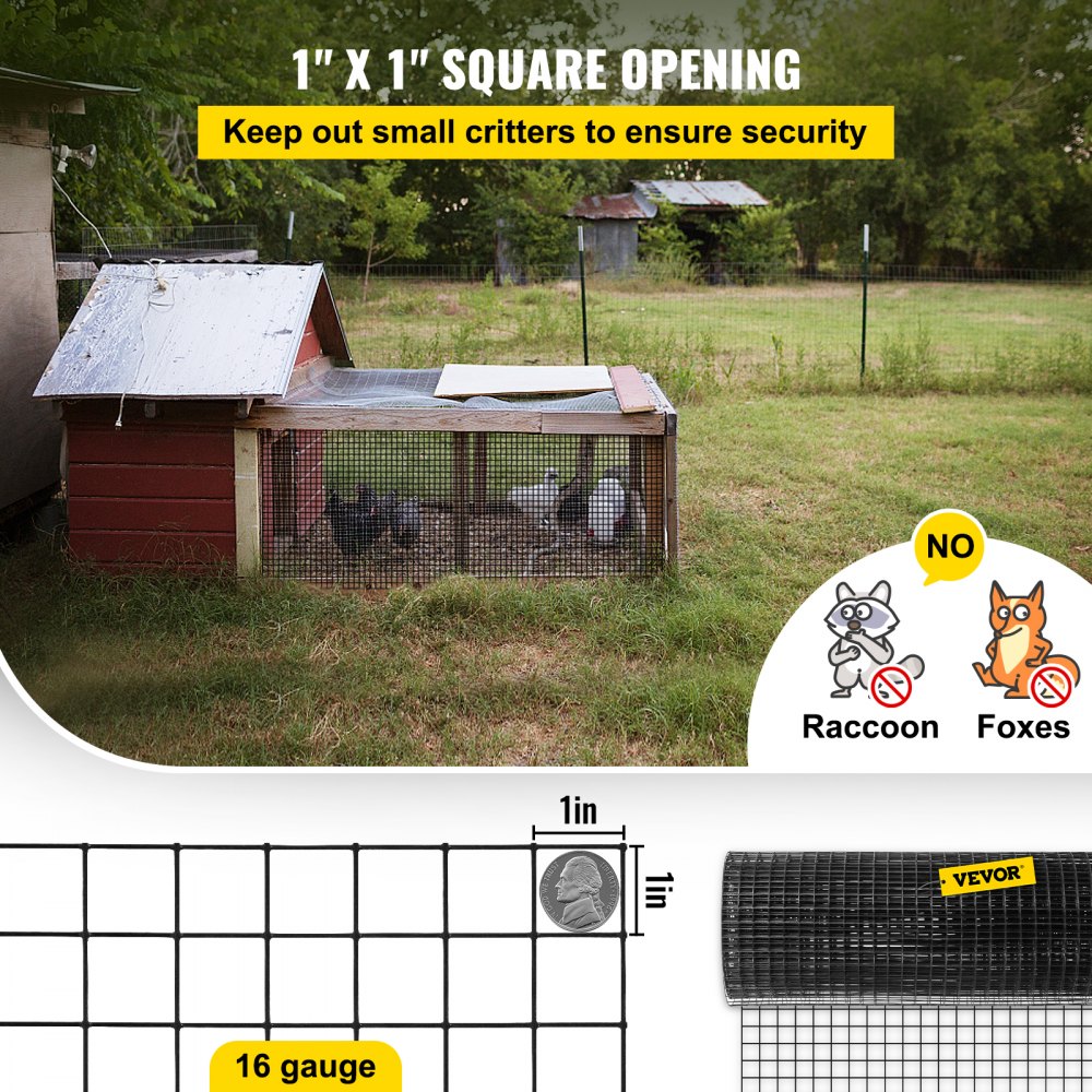 VEVOR Hardware Cloth, 24\" x 100\' & 1\"x1\" Mesh Size, Galvanized Steel Vinyl Coated 16 Gauge Chicken Wire Fencing with A Cutting Plier & A Pair of Fabric Gloves, for Garden Fencing & Pet Enclosures,