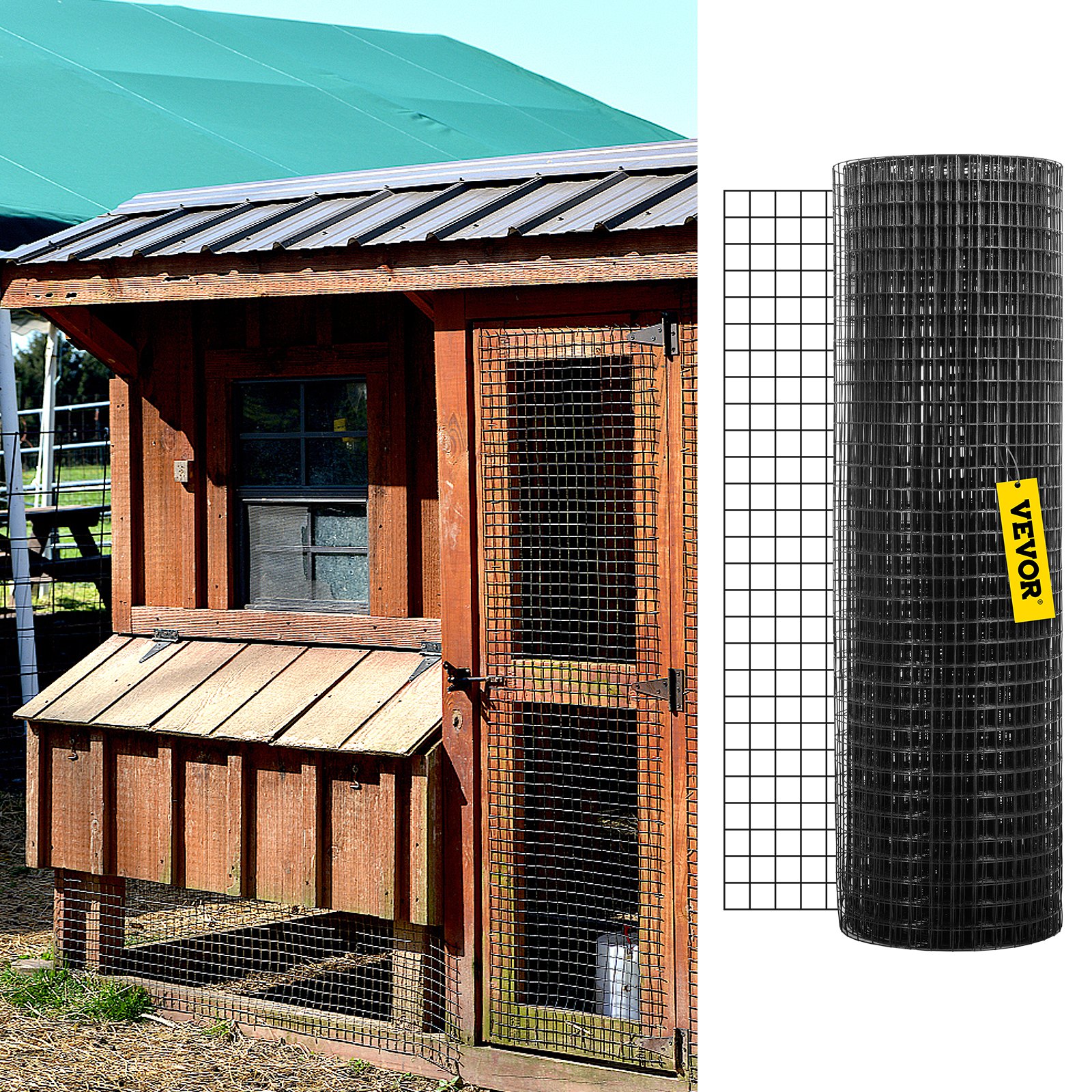 wooden coop with VEVOR hardware cloth roll beside it, showing usage on coop door.