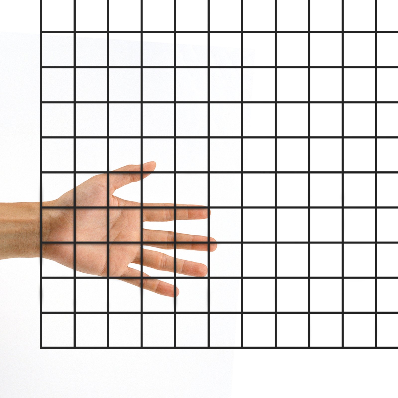 hand behind black VEVOR hardware cloth grid against white backdrop.