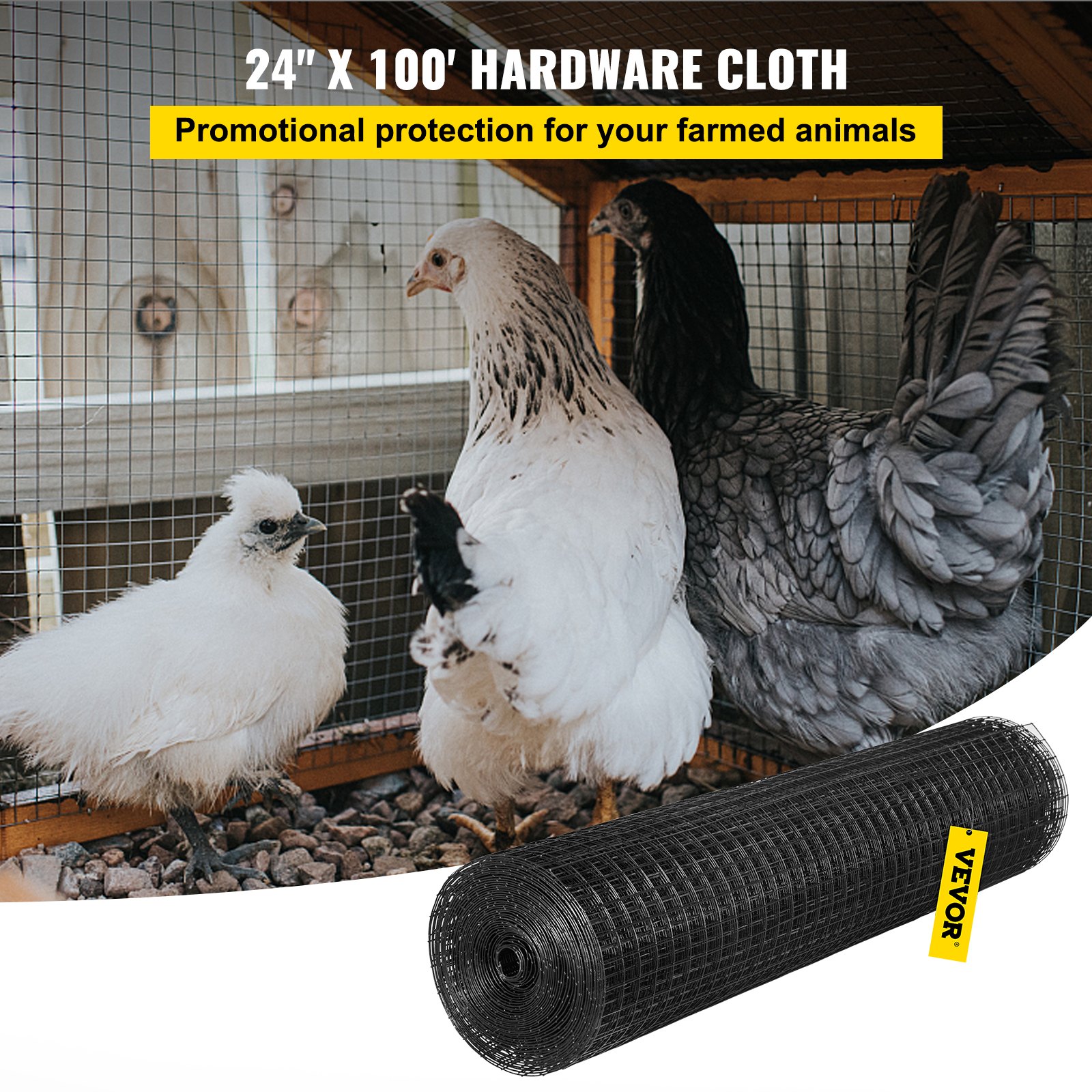 VEVOR Hardware Cloth, 24\" x 100\' & 1\"x1\" Mesh Size, Galvanized Steel Vinyl Coated 16 Gauge Chicken Wire Fencing with A Cutting Plier & A Pair of Fabric Gloves, for Garden Fencing & Pet Enclosures,