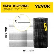VEVOR Hardware Cloth, 36" x 50' & 1"x1" Mesh Size, Galvanized Steel Vinyl Coated 16 Gauge Chicken Wire Fencing w/A Cutting Plier & A Pair of Fabric Gloves, for Garden Fencing & Pet Enclosures, Black