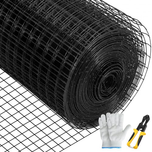 VEVOR Hardware Cloth, 48" x 50' & 1"x1" Mesh Size, Galvanized Steel Vinyl Coated 16 gauge Welded Wire, w/A Cutting Plier & A Pair of Fabric Gloves, for Garden Fencing & Pet Enclosures, Black