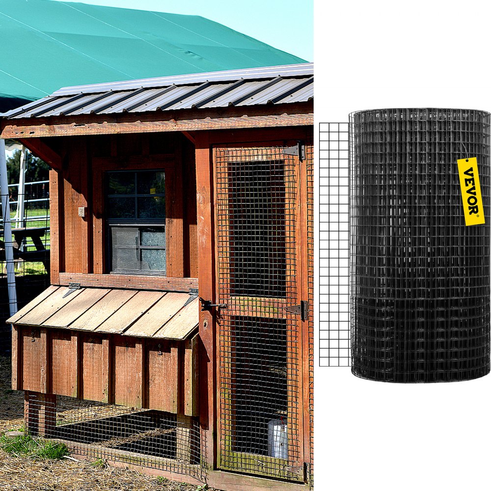 wooden chicken coop with VEVOR hardware cloth roll beside it.