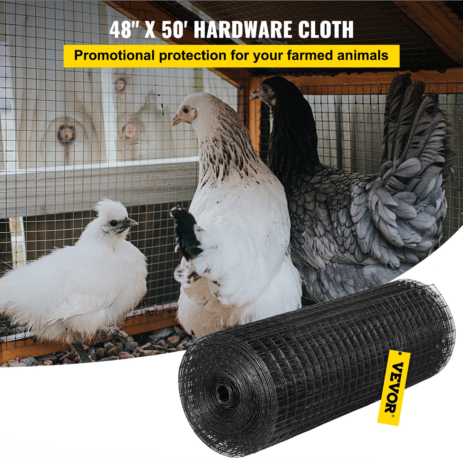 VEVOR hardware cloth protecting chickens in a coop, roll of black wire mesh in front.
