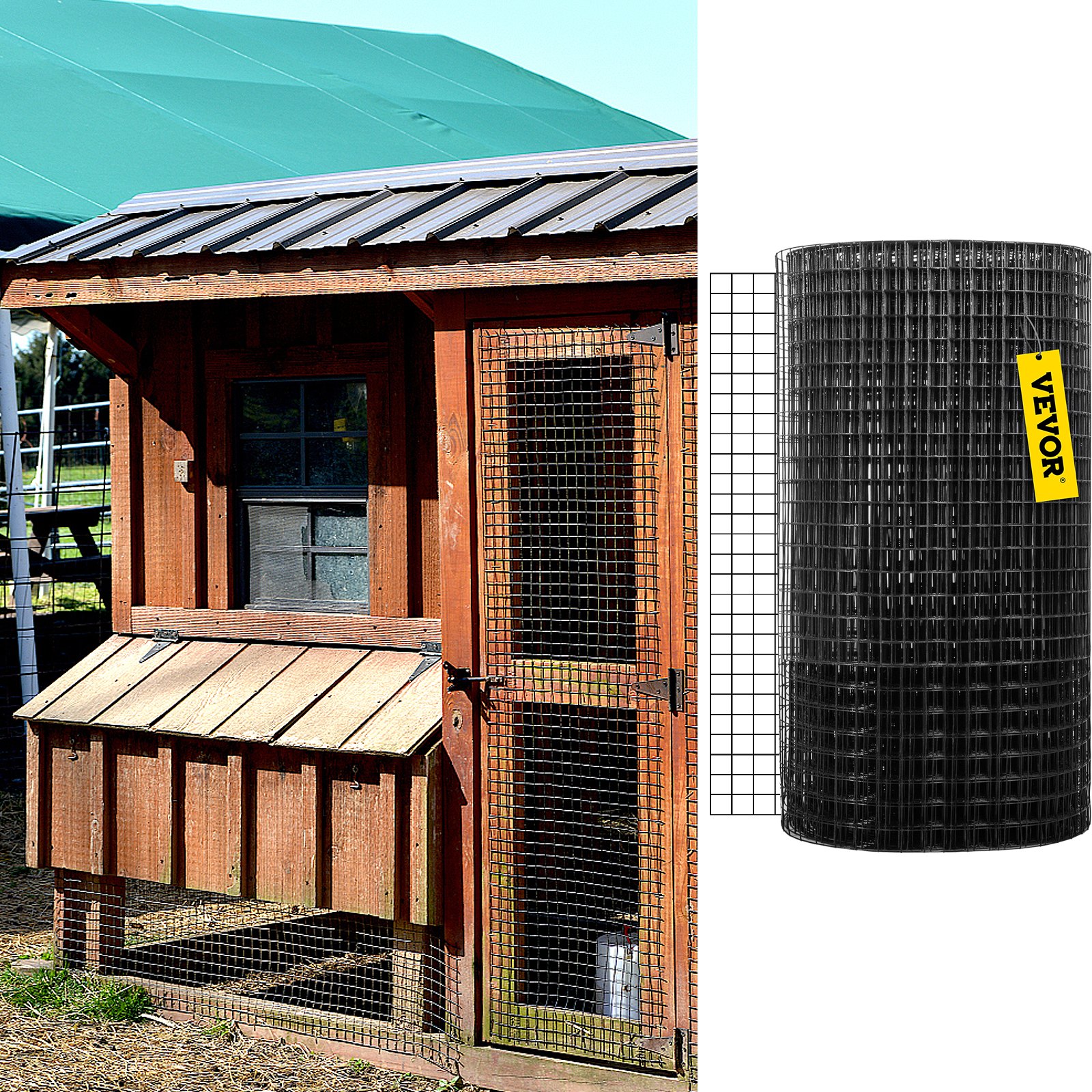 wooden chicken coop with VEVOR hardware cloth roll beside it.