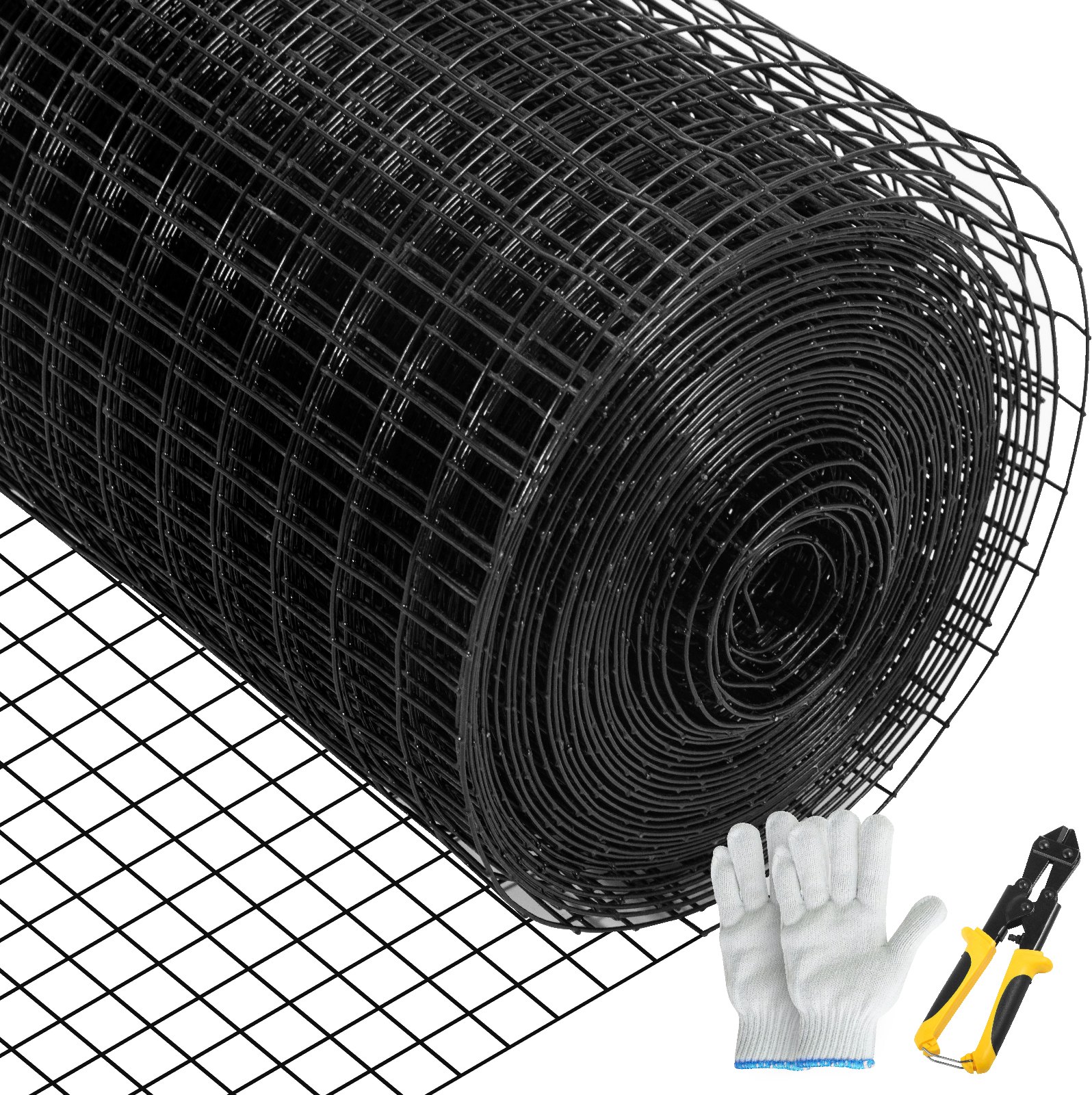 rolled VEVOR hardware cloth with gloves and yellow-handled wire cutters.