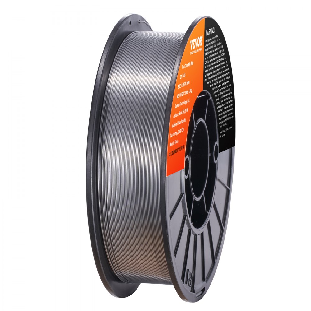 VEVOR mig welding wire spool with detailed branding and orange label text.