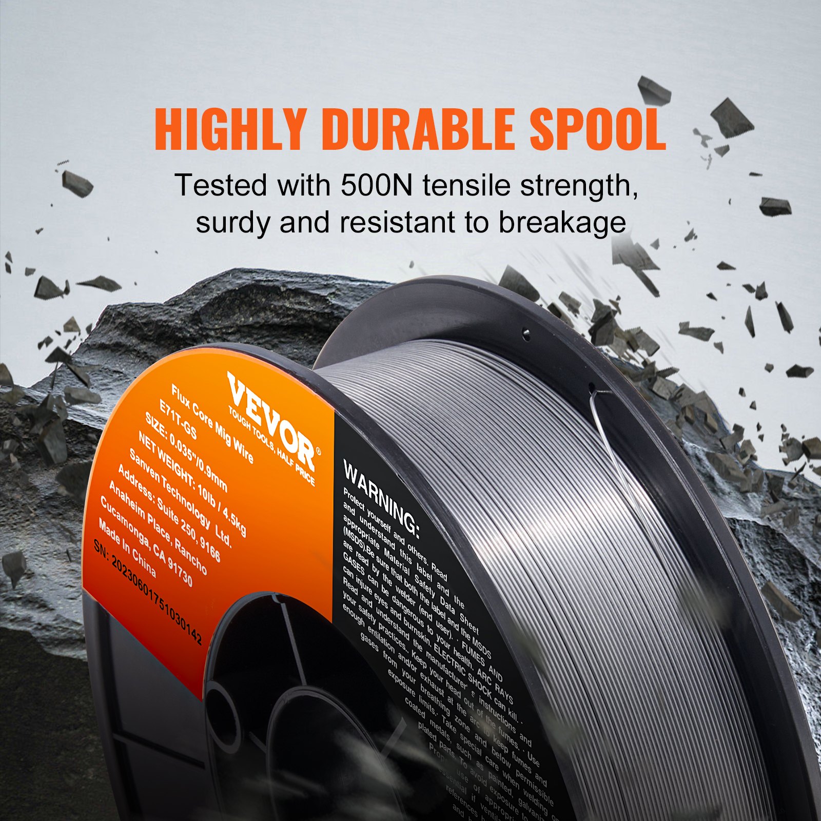 highly durable spool of VEVOR mig welding wire with 500n tensile strength, resistant to breakage.