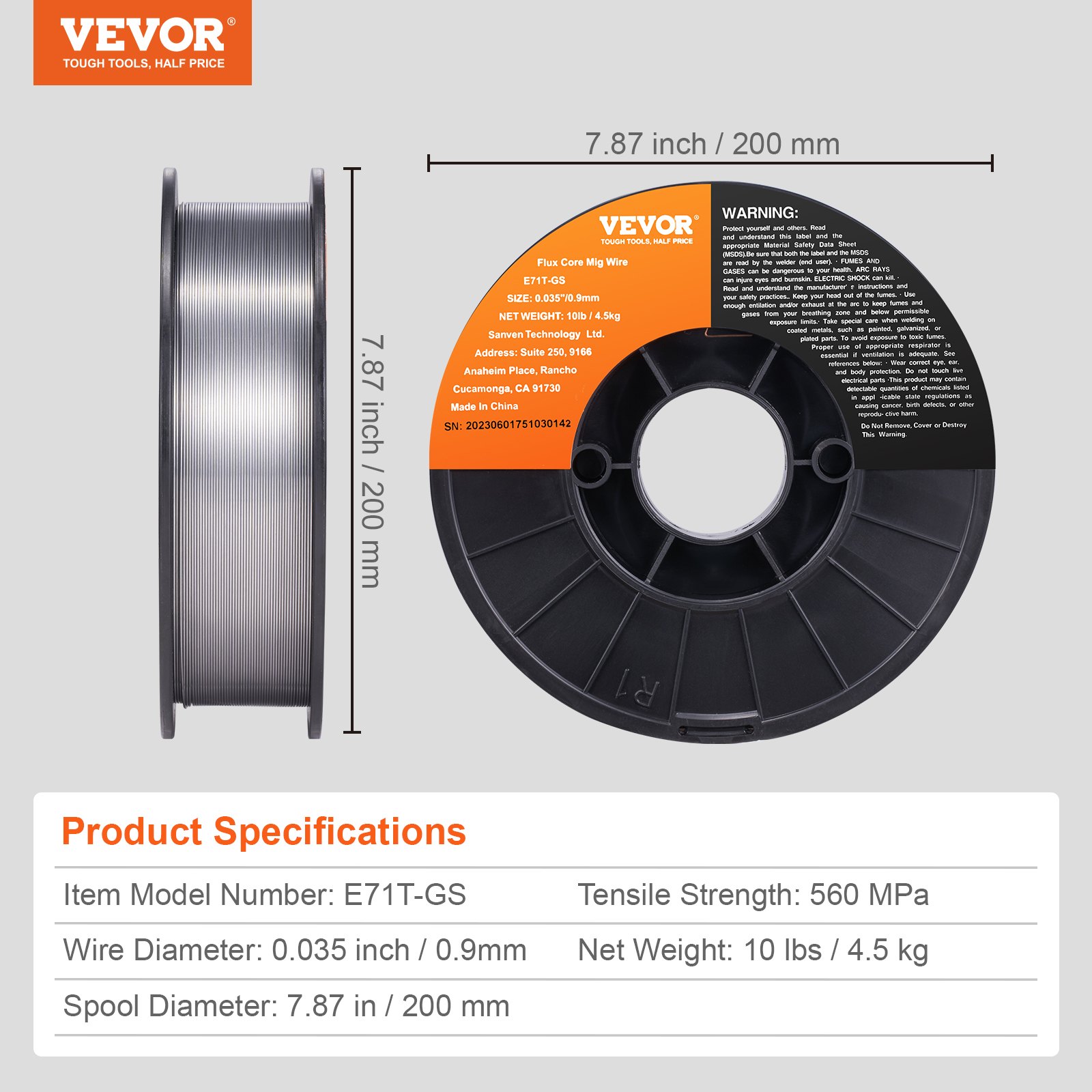 VEVOR mig welding wire, e71t-gs, 10 lbs, 0.035 in, 7.87 in spool, tensile strength 560 mpa.