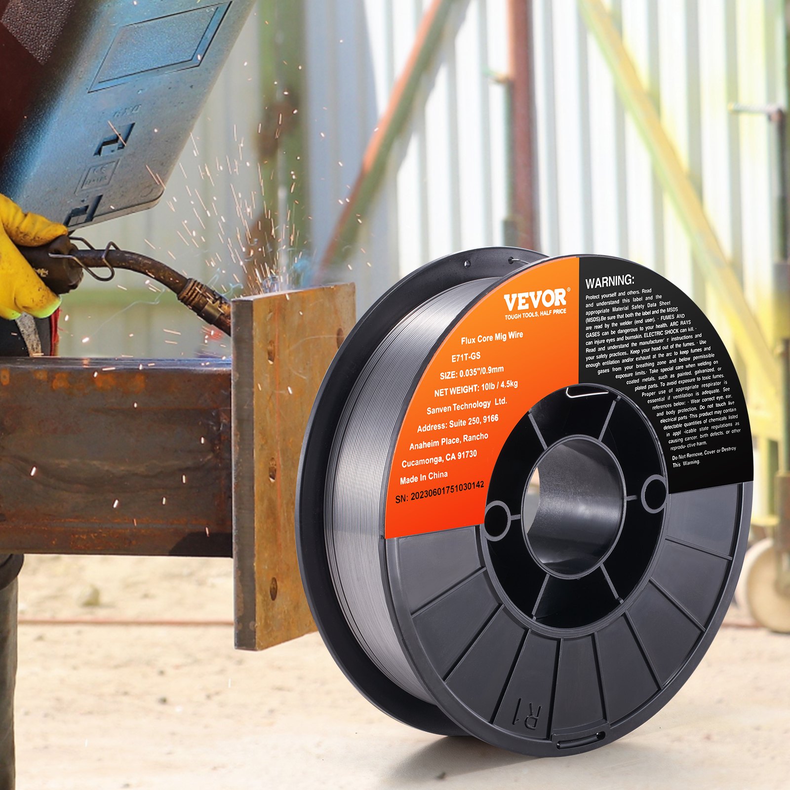 VEVOR mig welding wire spool next to worker welding metal structure, safety gear visible.