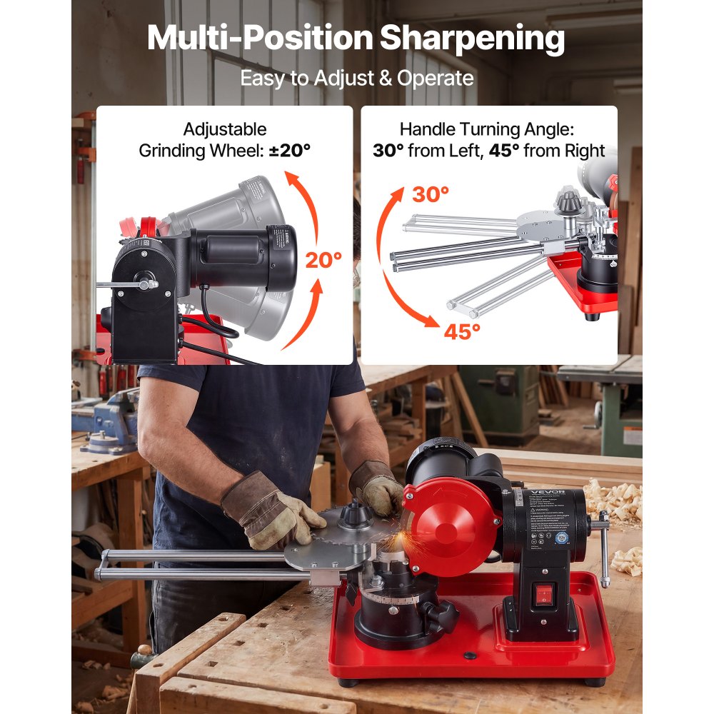 VEVOR Circular Saw Blade Sharpener, 370W 2890RPM Rotary Angle Mill Grinder Sharpening Machine with 125mm Grinding Wheel & 6 Saw Centerings - Fits Φ80mm to Φ700mm Circular Saw Blades