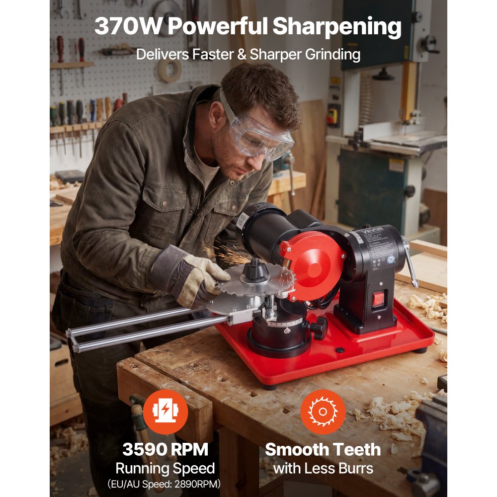 VEVOR Circular Saw Blade Sharpener, 370W 2890RPM Rotary Angle Mill Grinder Sharpening Machine with 125mm Grinding Wheel & 6 Saw Centerings - Fits Φ80mm to Φ700mm Circular Saw Blades