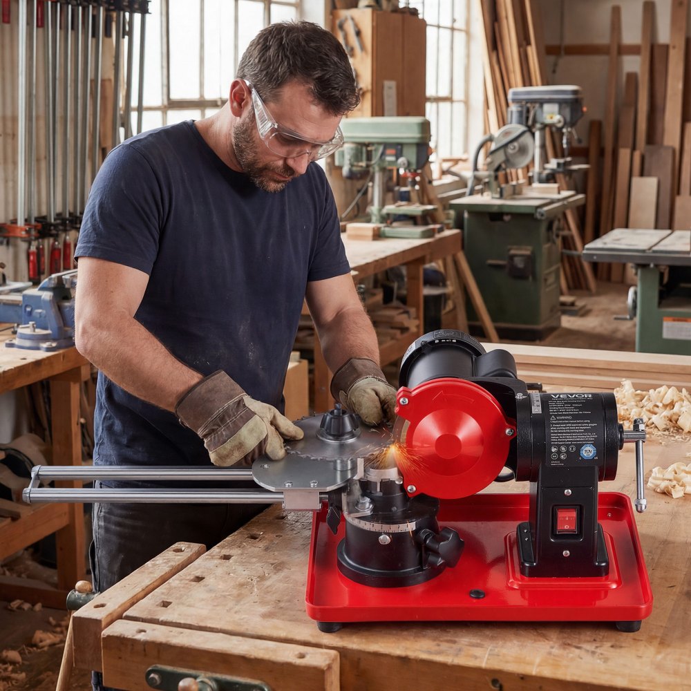 VEVOR Circular Saw Blade Sharpener, 370W 2890RPM Rotary Angle Mill Grinder Sharpening Machine with 125mm Grinding Wheel & 6 Saw Centerings - Fits Φ80mm to Φ700mm Circular Saw Blades