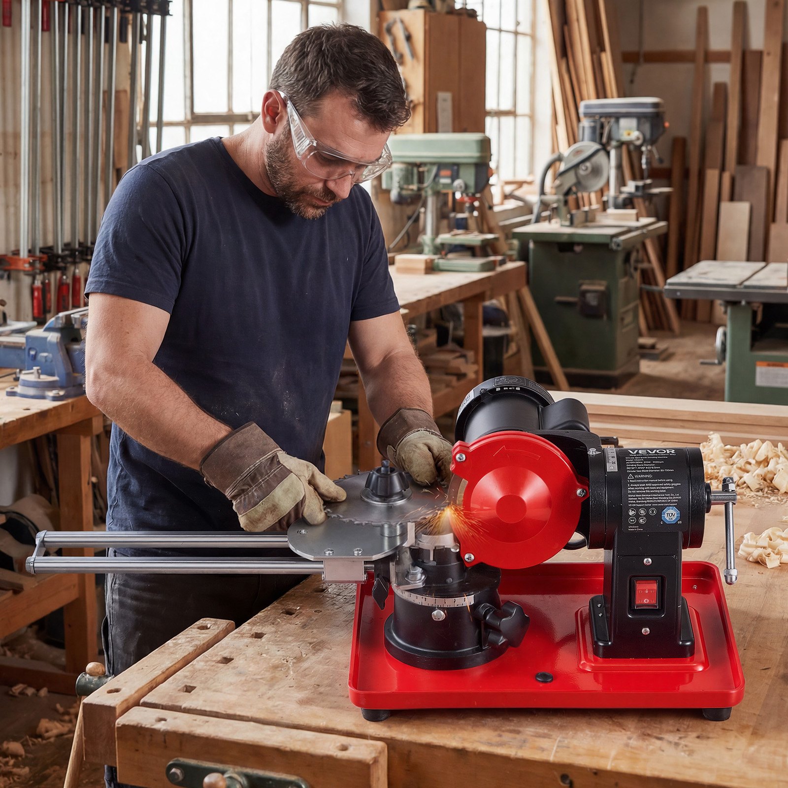 VEVOR Circular Saw Blade Sharpener, 370W 2890RPM Rotary Angle Mill Grinder Sharpening Machine with 125mm Grinding Wheel & 6 Saw Centerings - Fits Φ80mm to Φ700mm Circular Saw Blades