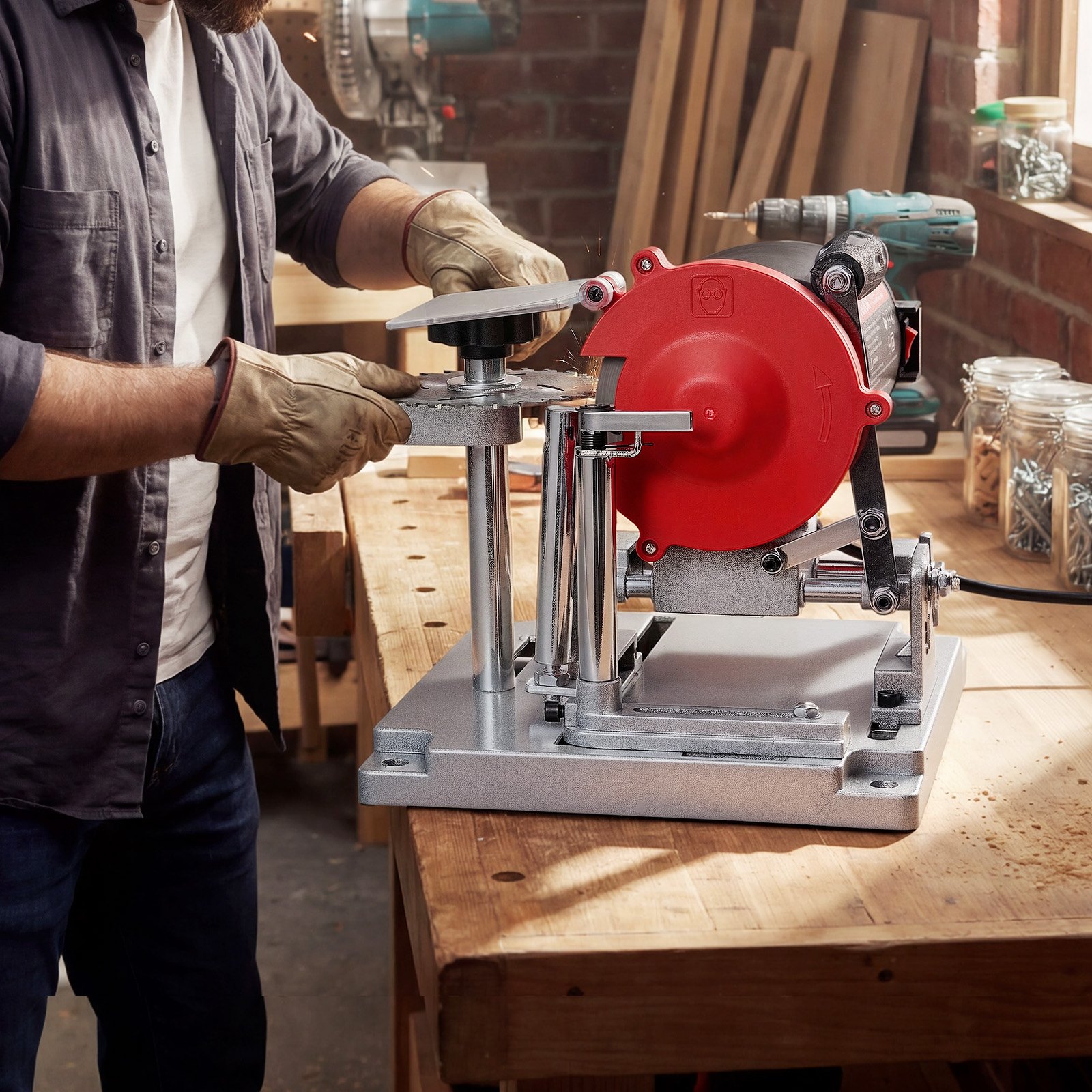 VEVOR Circular Saw Blade Sharpener, 140W 5700RPM Electric Saw Blade Sharpening Machine with 100mm Ceramic & Diamond Grinding Wheels - Fits 90mm to 400mm Diameter Circular Saw Blades
