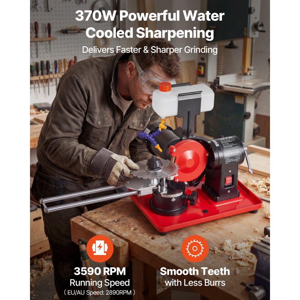 VEVOR Circular Saw Blade Sharpener with Water Tank, 370W 2890RPM Rotary Angle Mill Grinder, Water Injection Sharpening Machine with 125mm Grinding Wheel - Fits Φ80mm to Φ700mm Circular Saw Blades