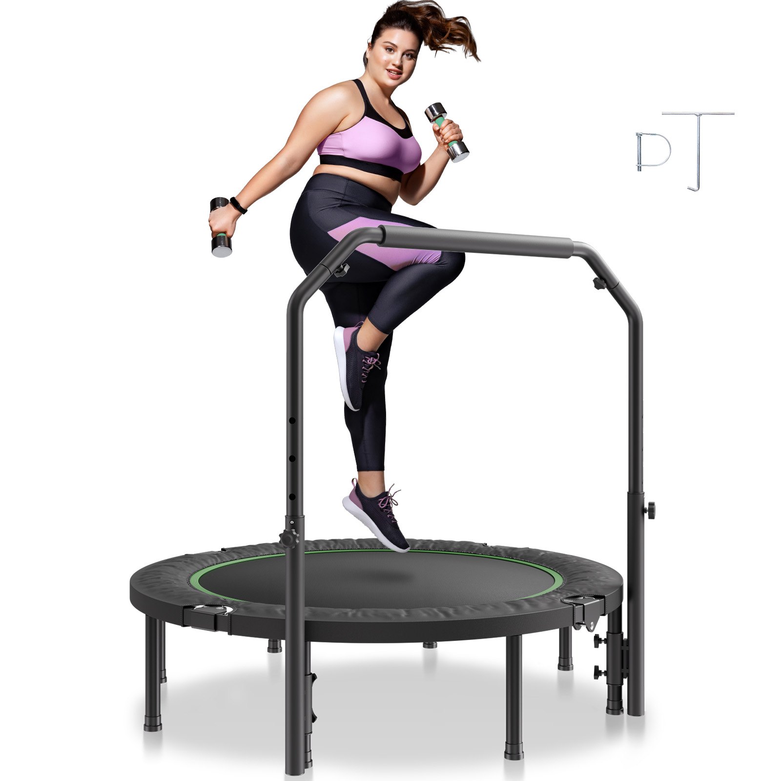 VEVOR Foldable Mini Trampoline, 52 Inch Fitness Rebounder, Max Load 450lbs Exercise Trampoline, Stable & Quiet Trampoline with 4 Level Height Adjustable Foam Handle, for Adults Indoor/Garden Workout