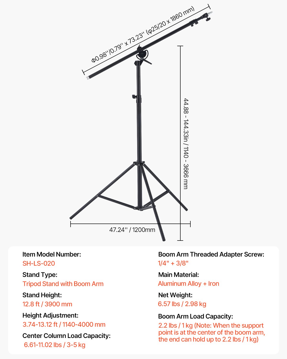 VEVOR Air Cushioned Aluminum Light Stand, Max Height 12.8 ft/390 cm, Adjustable Photography Stand with Boom Arm, Sandbag, Max Load 5kg, 1/4 in Screw for Softbox, Studio Flash, Umbrella, Ring Light