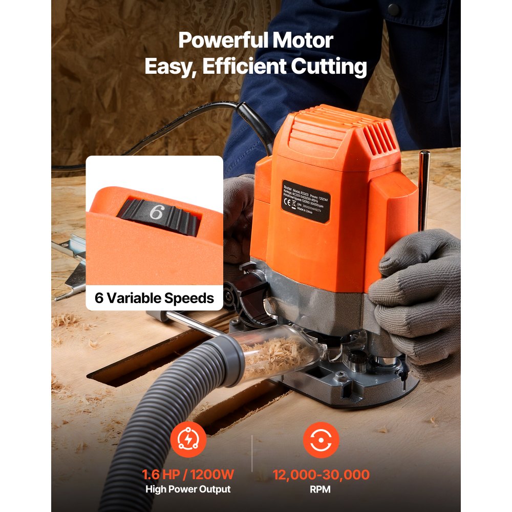 VEVOR Wood Router, 1.6 HP 1200W, Variable Speed Router Tool with Soft Start, Compact Wood Edge Trimmer with Plunge Base, Dust Hood & Parallel Guide, for Woodworking, Trimming, DIY Projects, Corded